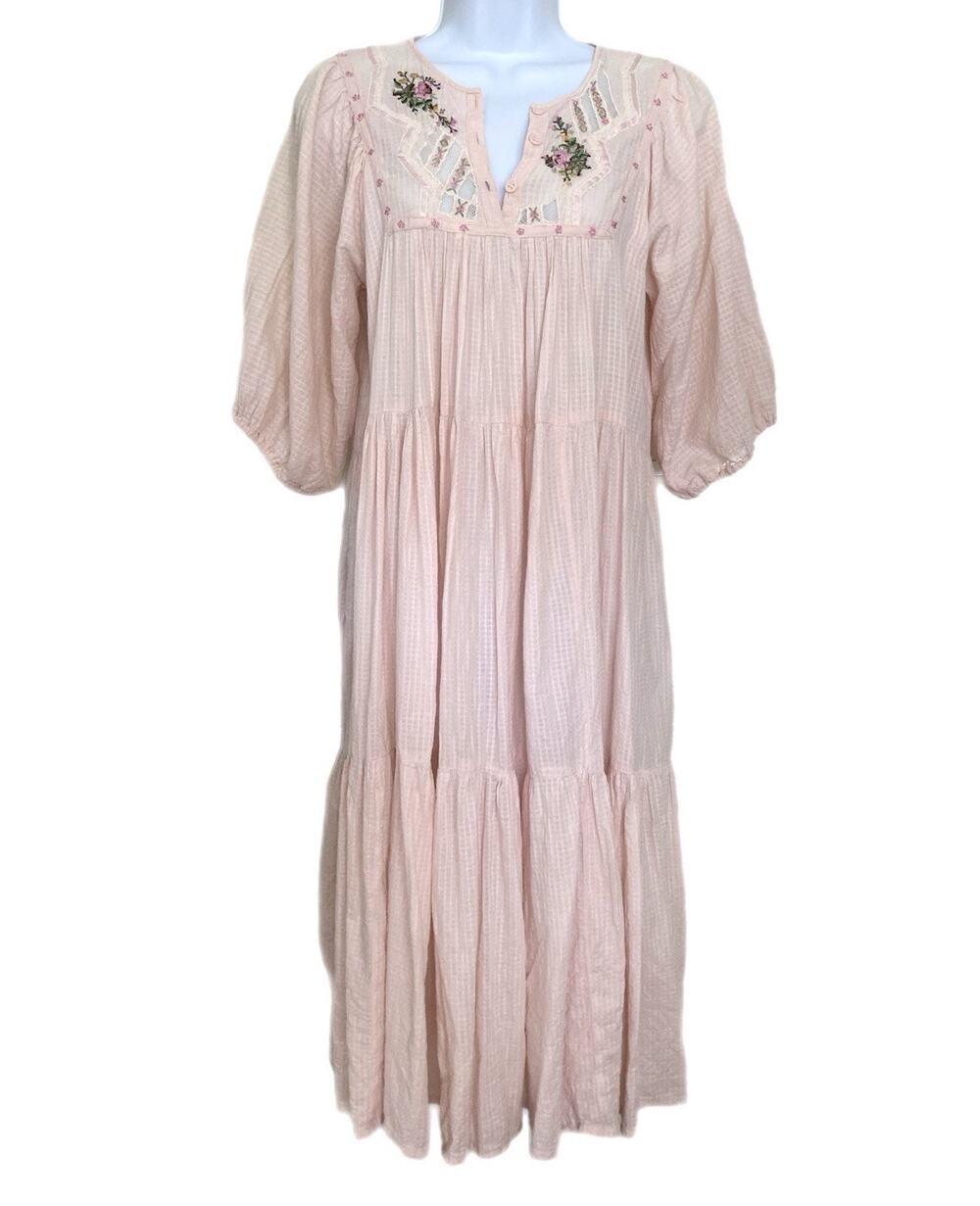 Vintage 70s India Cotton Gauze Boho Romantic Cottage Embroidered Dress Size S